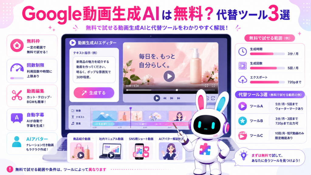 google 動画生成ai 無料の利用状況と、自動字幕やAIアバター動画に対応する代替ツールを案内する図