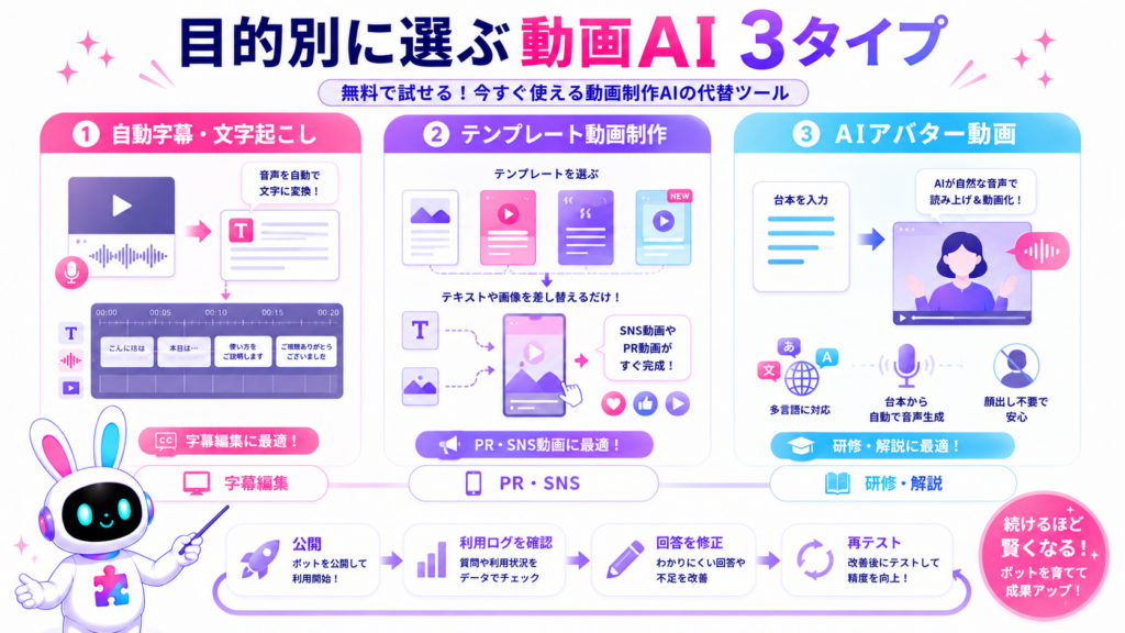 google 動画生成ai 無料の代替として、自動字幕、テンプレート制作、AIアバター動画の3タイプを比較した図