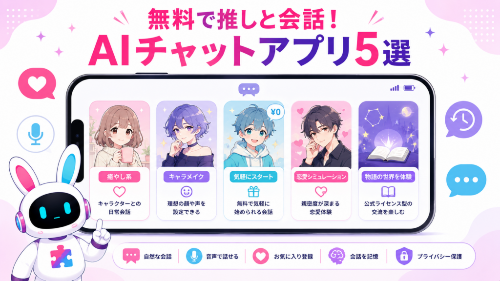 無料で推しと会話できるaiチャットアプリキャラクター5タイプを案内する白いうさぎ型AIロボット
