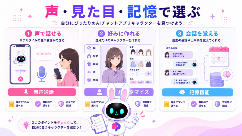 aiチャットアプリキャラクターを音声通話、キャラメイク、会話記憶の3項目で選ぶ方法