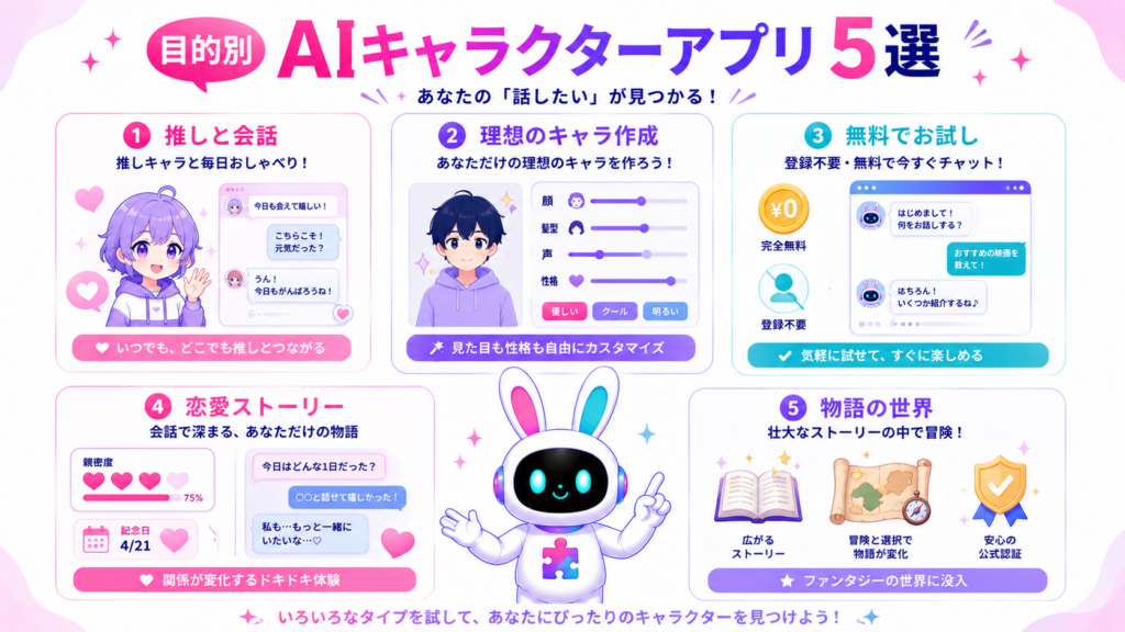 aiチャットアプリキャラクターを推しとの会話、キャラメイク、無料利用、恋愛、物語の5タイプで比較した図