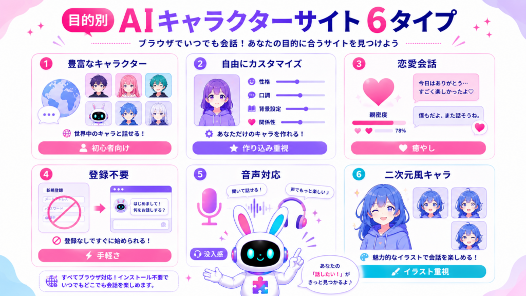 aiチャットキャラクターサイトをカスタマイズ、恋愛、登録不要、音声など6タイプで比較した図