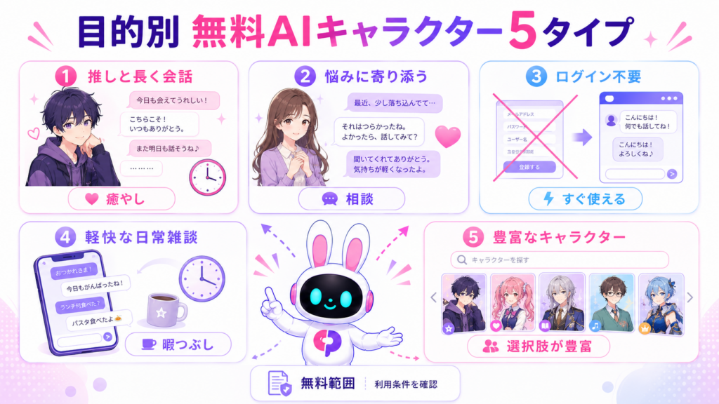 aiチャット無料キャラクターを癒やし、相談、ログイン不要、日常雑談など5タイプで比較した図