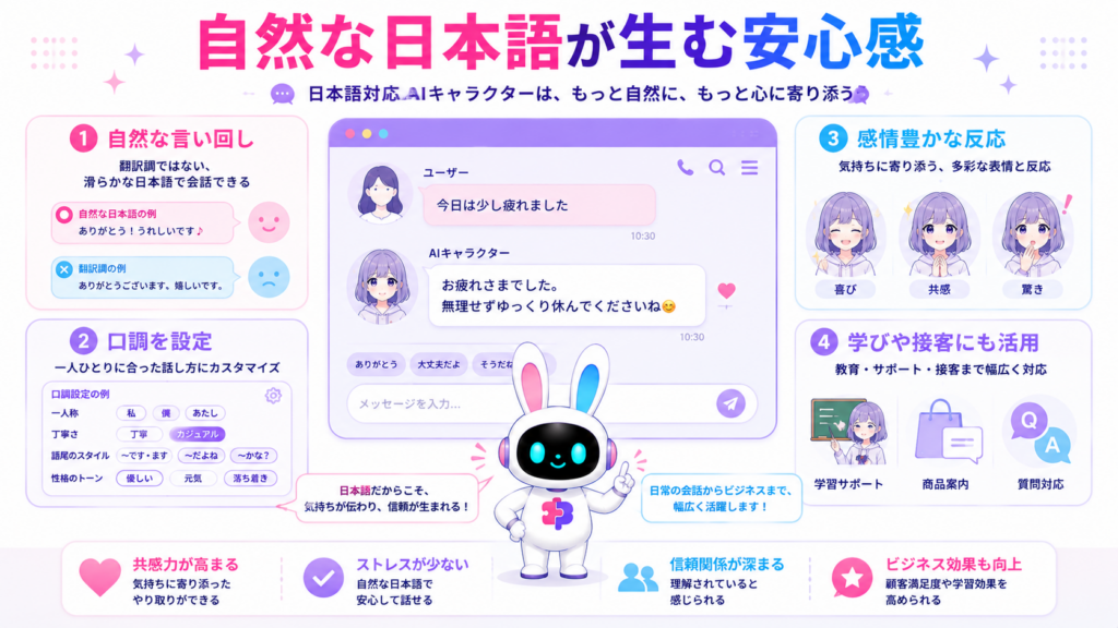 aiチャット キャラクターの日本語対応モデルが、自然な言い回しや感情表現で会話する様子