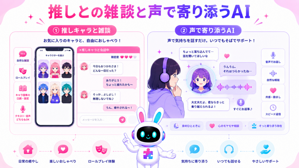 aiチャット キャラクターの日本語対応アプリを、推しとの雑談型と音声で寄り添う型に分けた比較図