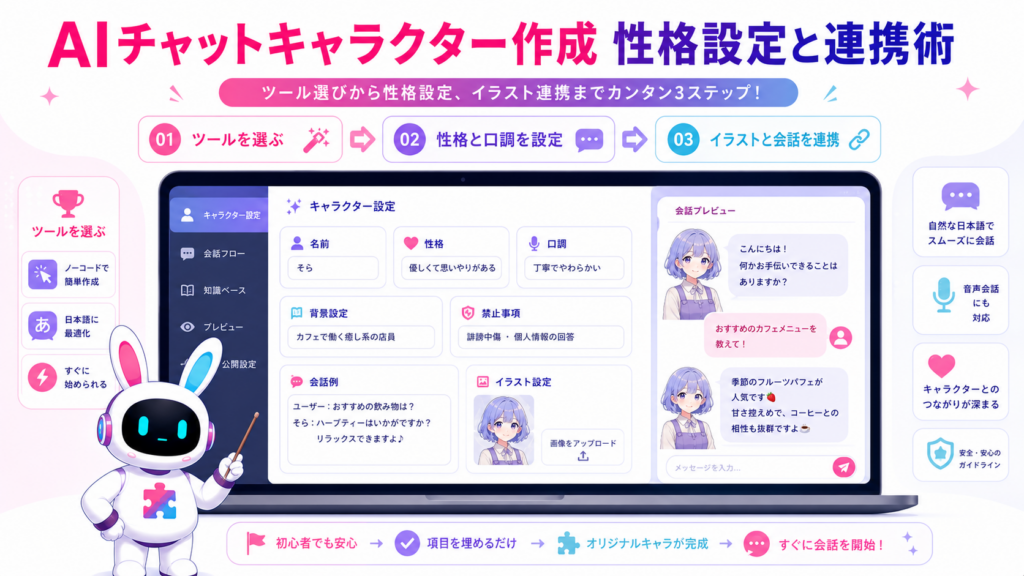 aiチャットキャラクター作成の流れを、ツール選び、性格設定、イラスト連携の順に示した図