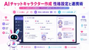 aiチャットキャラクター作成の流れを、ツール選び、性格設定、イラスト連携の順に示した図