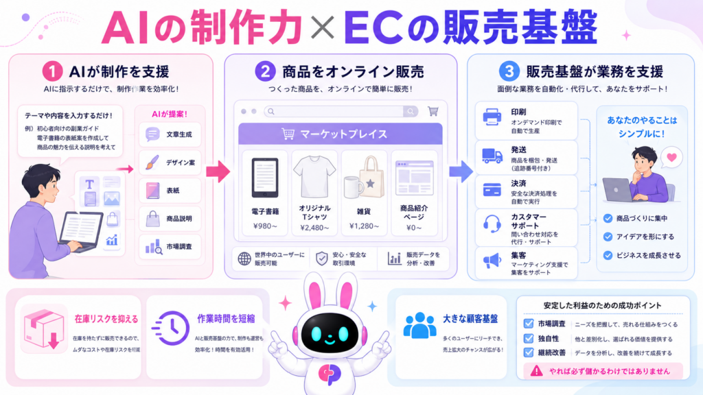 ai amazon 副業でAIの制作支援とECモールの集客、発送、決済を組み合わせる仕組み
