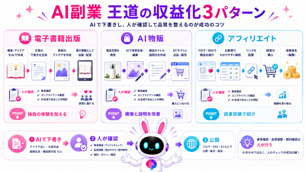 ai amazon 副業のやり方を、電子書籍出版、AI物販、アフィリエイトの3種類で比較した図