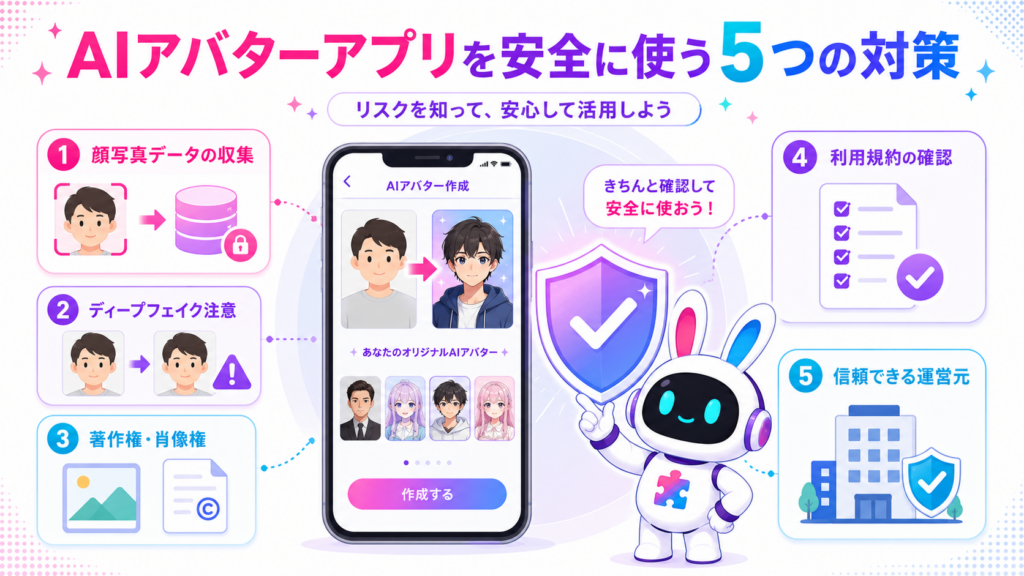 aiアバター アプリの危険性として顔写真の二次利用、ディープフェイク、著作権や肖像権の問題を示した図