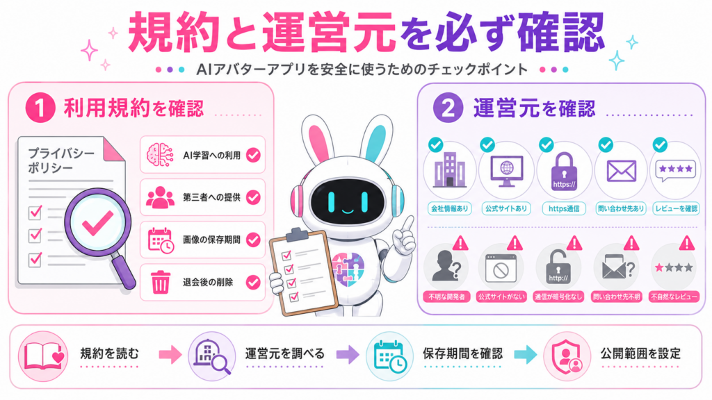 aiアバター アプリの危険性を避けるために、利用規約や運営元、画像の保存期間を確認する方法