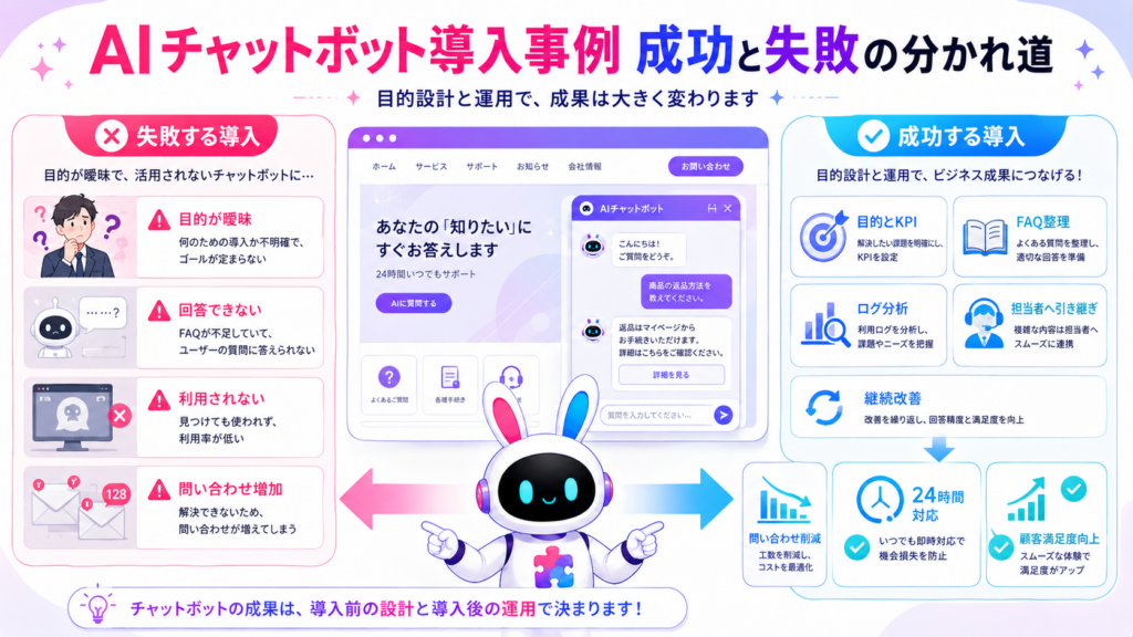 AIチャットボット 導入事例から、成功する企業と失敗する企業の準備や運用の違いを示した図