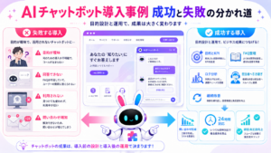 AIチャットボット 導入事例から、成功する企業と失敗する企業の準備や運用の違いを示した図
