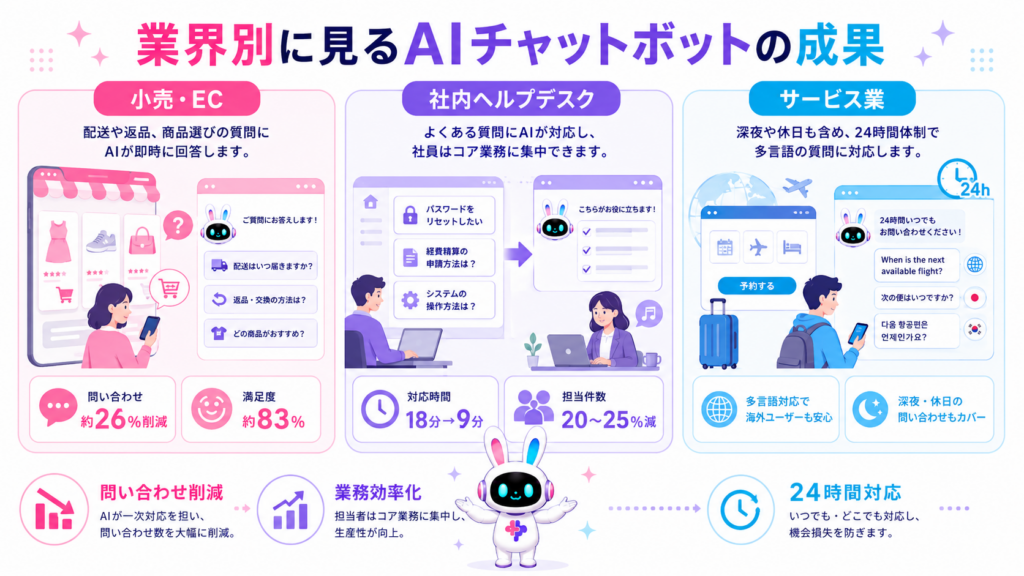 AIチャットボット 導入事例を小売・EC、社内ヘルプデスク、サービス業の3業界で比較した図