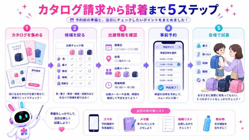 ランドセル展示会 福岡へ参加する前のカタログ請求、予約、候補選び、当日の試着手順