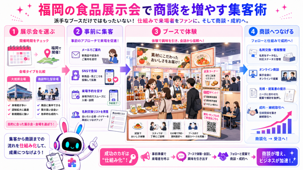 食品展示会 福岡でイベント選びから事前集客、試食、商談獲得までを進める流れ