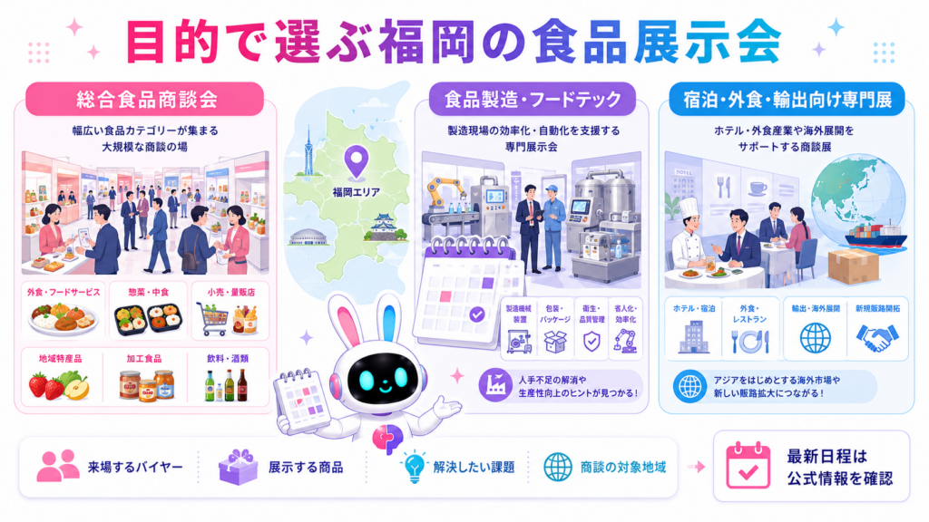 食品展示会 福岡の総合商談会、フードテック展、宿泊・外食・輸出向け専門展を比較した図