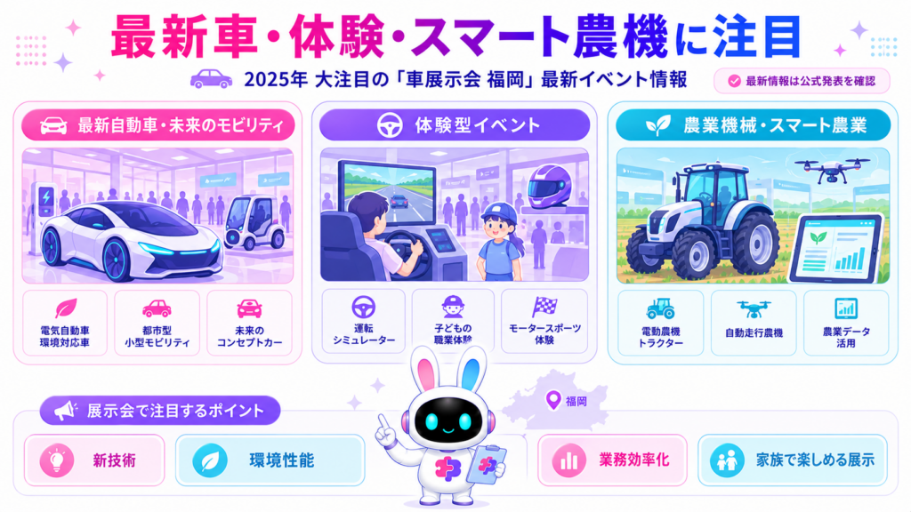 車展示会 福岡で注目される最新自動車、体験型イベント、スマート農業機械を比較した図