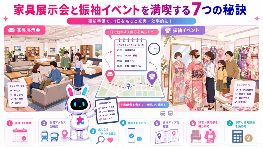 家具展示会 福岡と振袖イベントを同日に楽しむため、日程や予約、会場ルートを確認する図