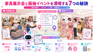 家具展示会 福岡と振袖イベントを同日に楽しむため、日程や予約、会場ルートを確認する図