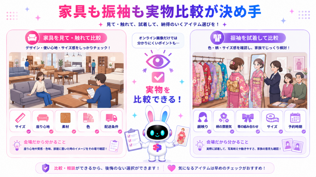 家具展示会 福岡で家具の座り心地や素材を確認し、振袖イベントで色や顔映りを比較する図
