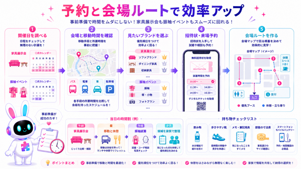 家具展示会 福岡と振袖イベントを効率よく回るため、日程、アクセス、招待状、会場ルートを準備する図