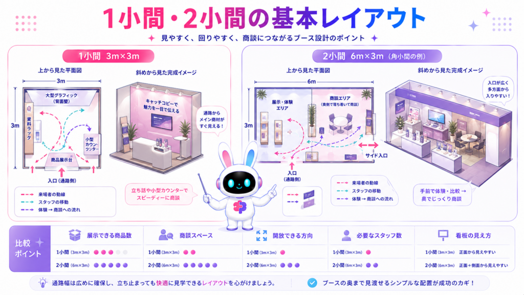 展示会ブース 装飾 レイアウトを1小間3m四方と2小間6m幅で比較し、来場者とスタッフの動線を示した図