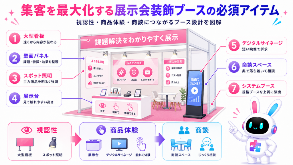 展示会ブース 装飾 レイアウトに必要な大型看板、照明、展示台、パネル、商談席などを示した図

キャプション：