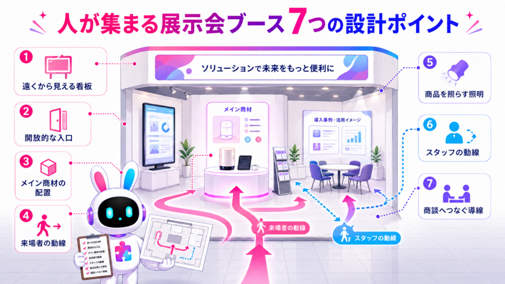 展示会ブース 装飾 レイアウトで看板や動線、照明、商談席を設計し、集客を高める7つのポイント