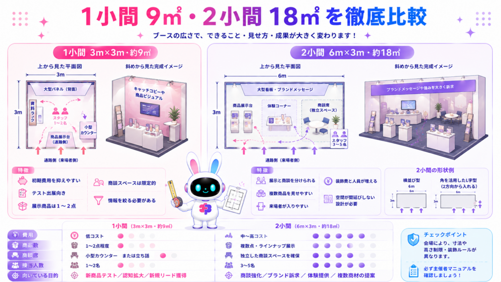 展示会ブース 1小間 2小間を3m×3mと6m×3mで比較し、費用や商品数、商談席の違いを示した図
