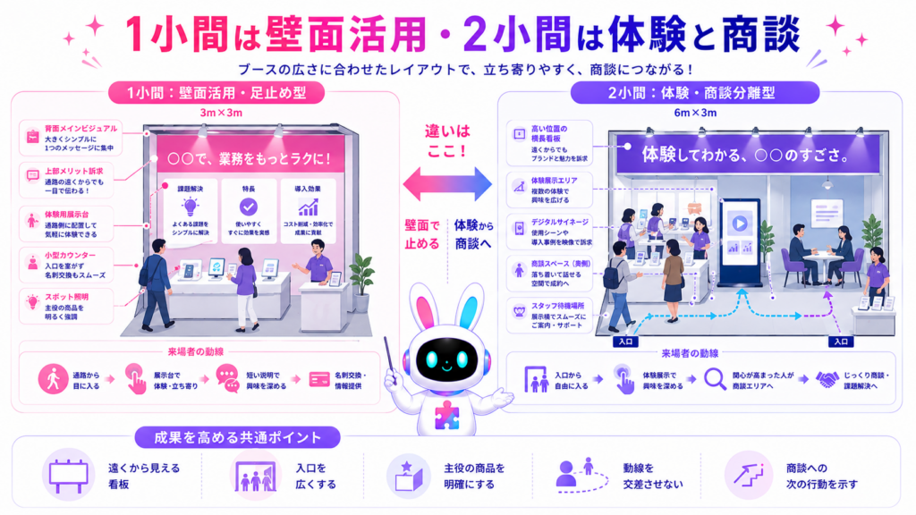 展示会ブース 1小間 2小間のレイアウト事例として、壁面活用型と体験・商談分離型を比較した図