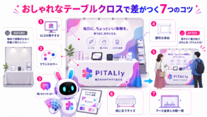 展示会 テーブルクロスをおしゃれにデザインし、ロゴや配色、キャッチコピーで集客力を高める図