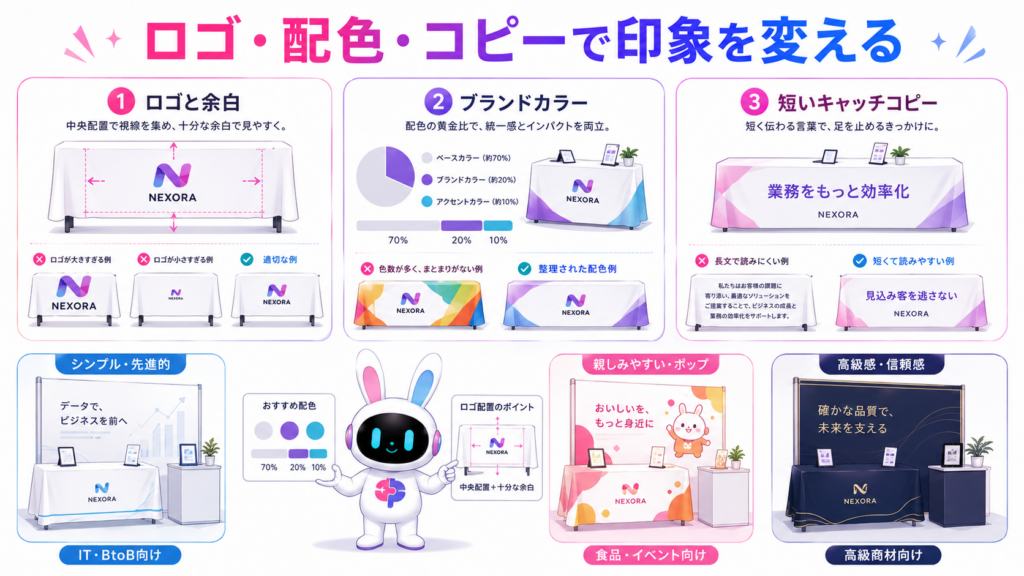 展示会 テーブルクロスをおしゃれに見せるロゴ配置、ブランドカラー、キャッチコピーと3種類のデザイン事例