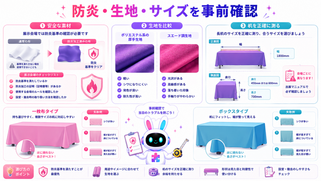 展示会 テーブルクロスをおしゃれで安全に使うため、防炎素材、生地、机のサイズ、クロス形状を比較した図