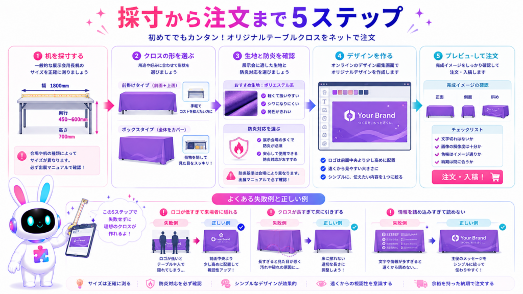 
展示会テーブルクロスをラクスルで作る際の採寸、形状、生地、防炎、デザイン、入稿手順