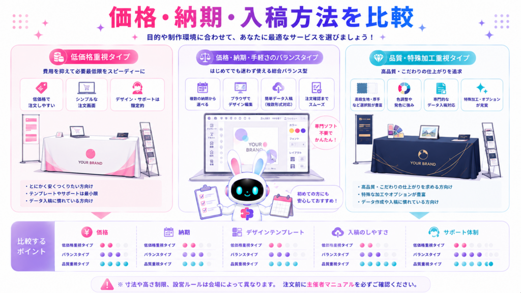 展示会テーブルクロスをラクスルなどのネット印刷で注文する際に、価格や納期、入稿方法を比較する図