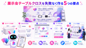 展示会テーブルクロスをラクスルで作る際の採寸、デザイン、入稿、発注、ブース集客の流れ
