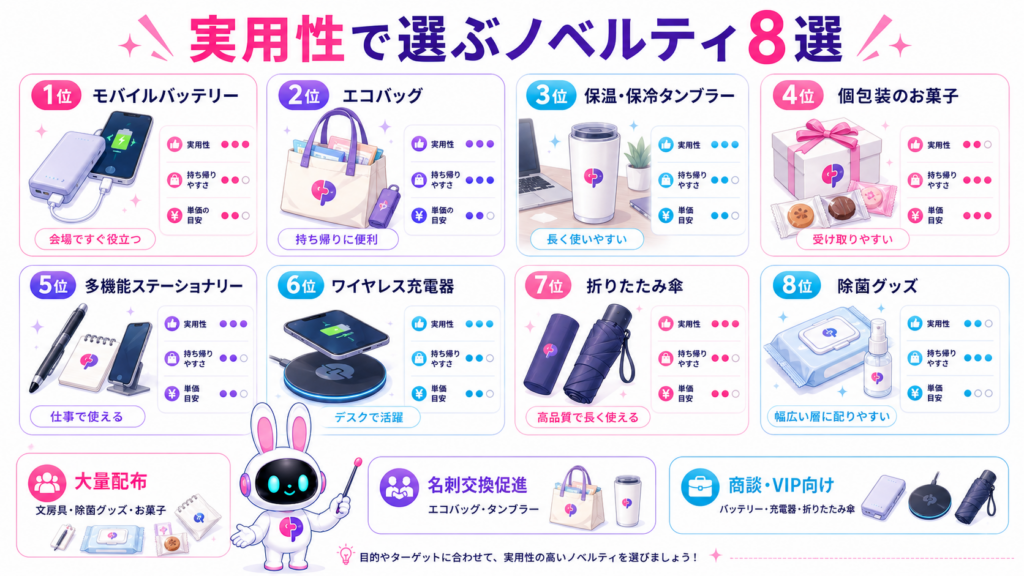 展示会ノベルティランキング8選として、モバイルバッテリー、エコバッグ、タンブラーなどを比較した図