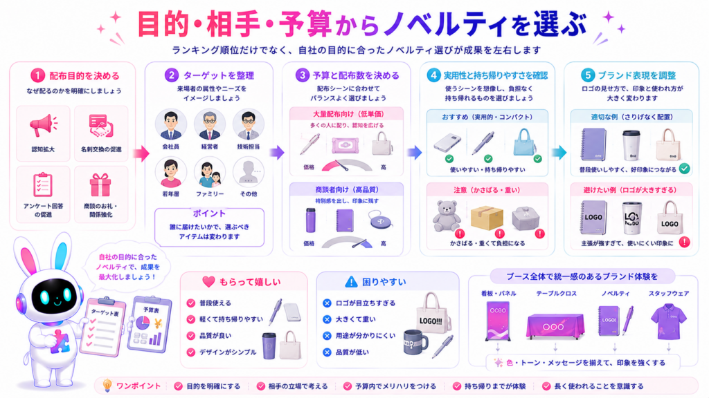 展示会ノベルティランキングを参考に、ターゲット、予算、実用性、ロゴの目立ち方から品物を選ぶ図