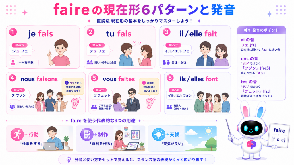 faire 活用の直説法現在形je faisからils fontまでの6種類と発音を整理した図