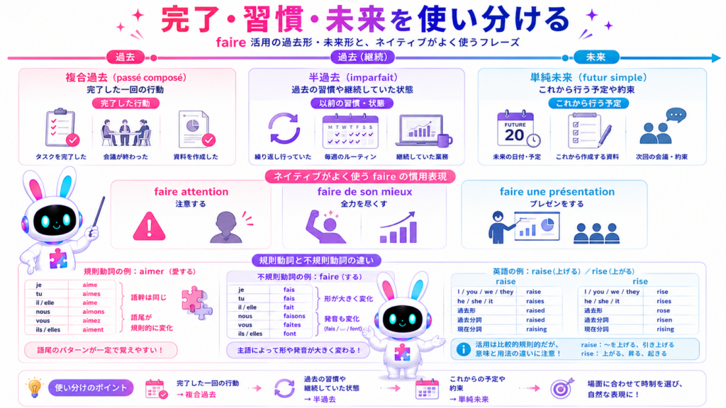 faire 活用の複合過去、半過去、単純未来とaimerやraiseとの違いを比較した図