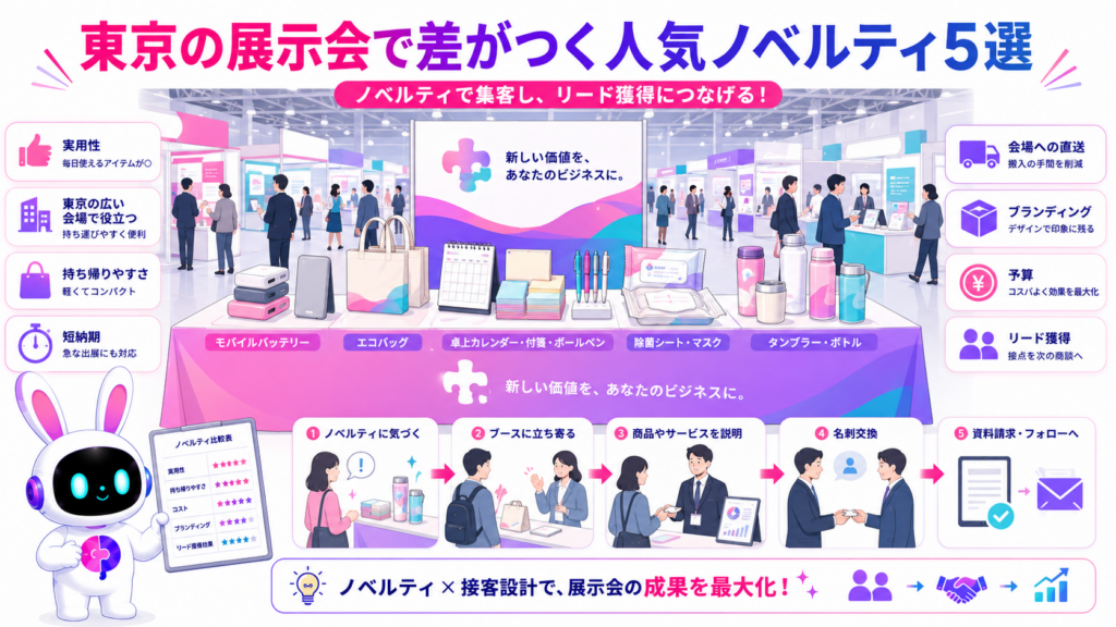 ノベルティ 展示会 東京で人気のモバイルバッテリーやエコバッグなど5種類と集客の流れ