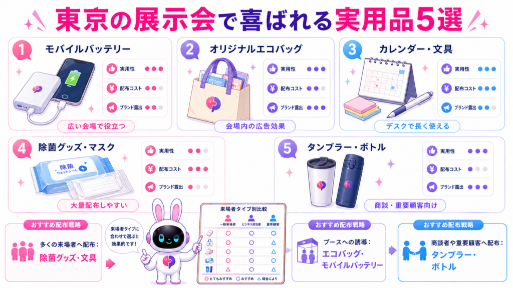 ノベルティ 展示会 東京でおすすめのモバイルバッテリー、エコバッグ、文具、除菌グッズ、タンブラーの比較