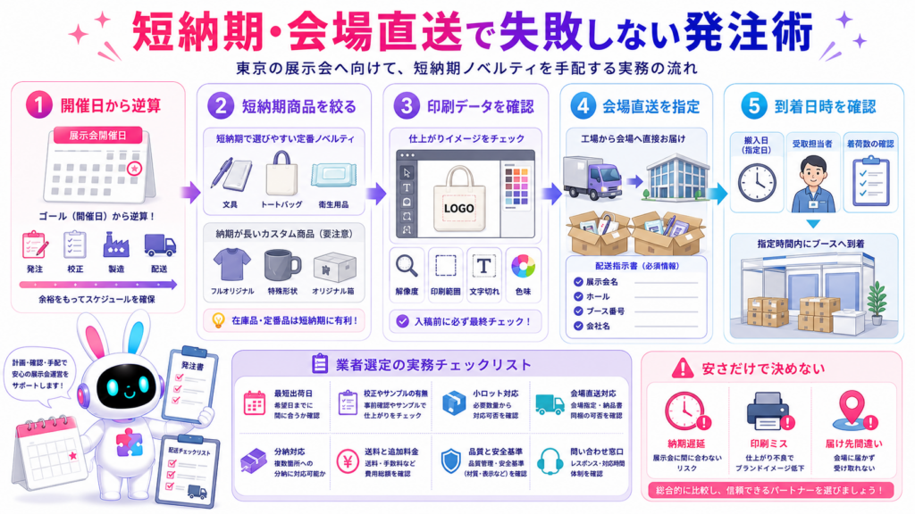 ノベルティ 展示会 東京の発注で短納期業者を選び、会場へ直接納品する手順とチェック項目