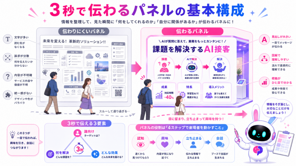 展示会 パネルデザインの悪い例と、3秒で内容が伝わる良い例を比較した図