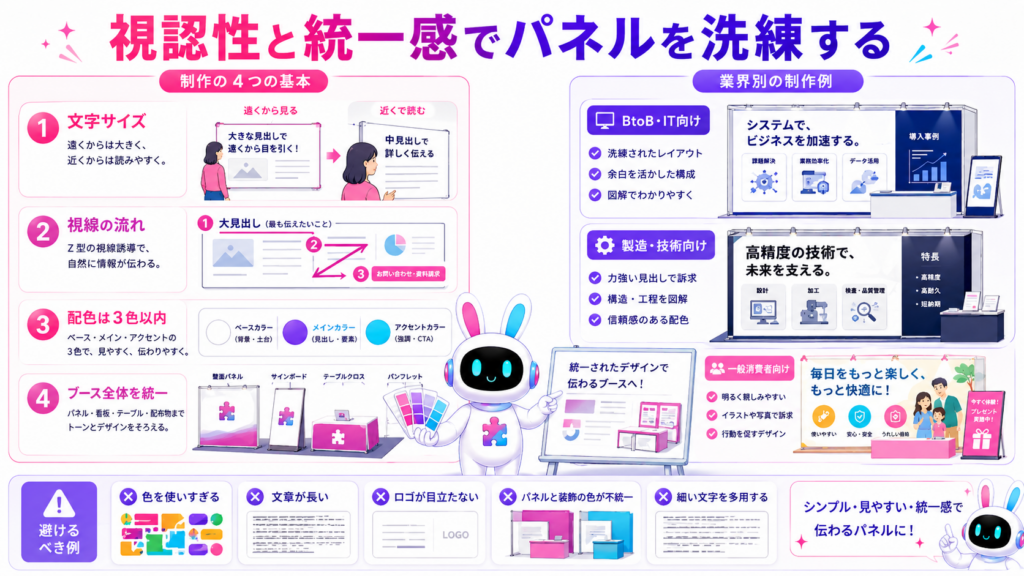 展示会 パネルデザインの文字サイズ、配色、視線誘導、ブースとの統一感と制作例をまとめた図