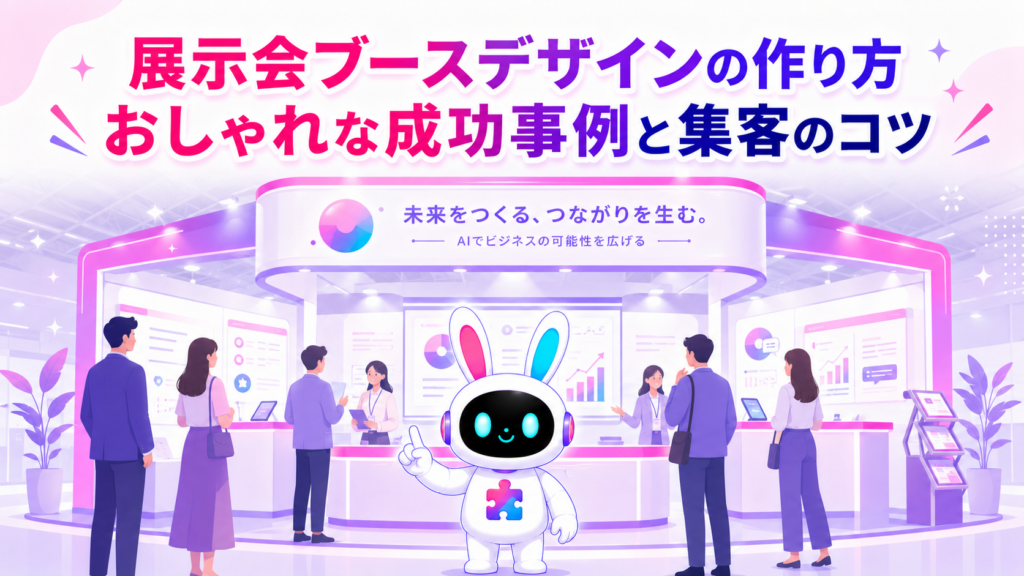おしゃれな展示会ブースデザインに来場者が立ち寄るイメージ