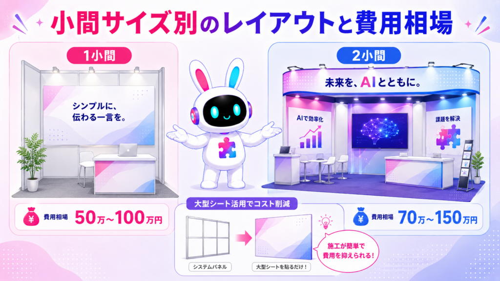 展示会ブースデザインの1小間と2小間のレイアウトと費用相場を比較したイメージ