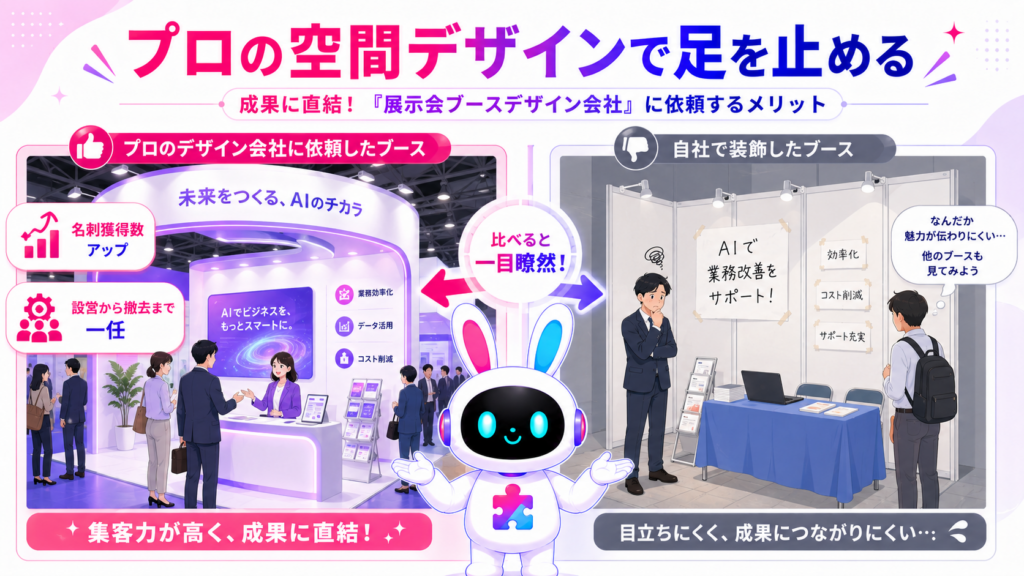 展示会ブースデザイン会社に依頼するメリットを自社対応と比較したイメージ