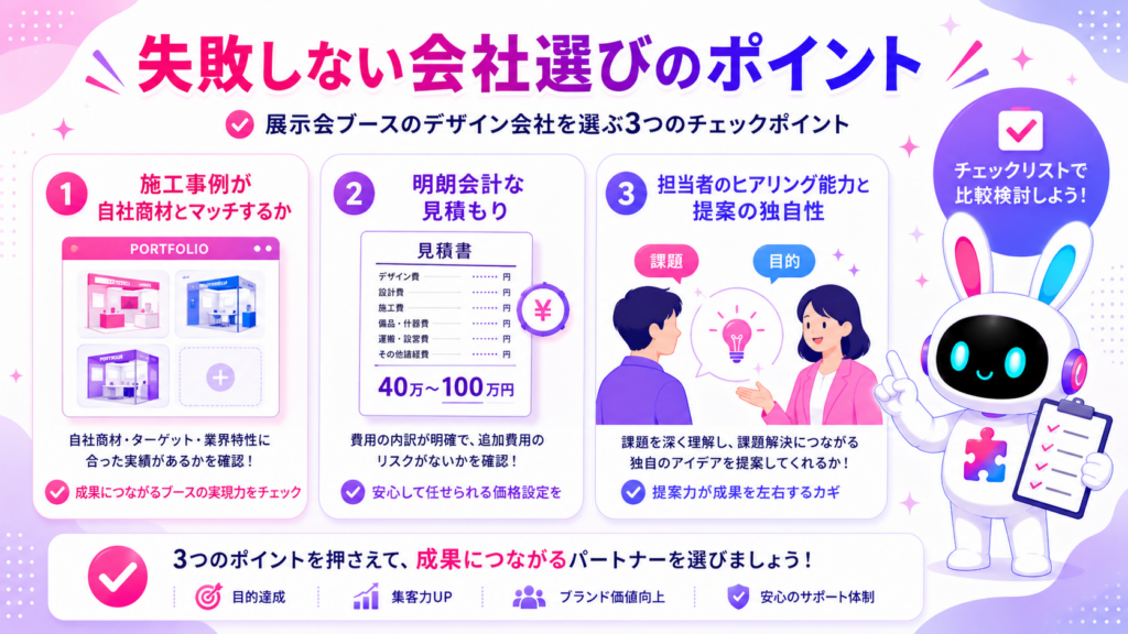 優良な展示会ブースデザイン会社を選ぶ際の施工事例・見積もり・ヒアリング能力のポイントを示すイメージ